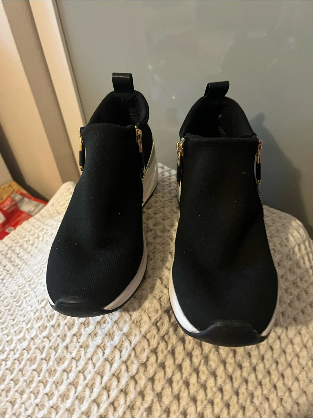 DKNY Black Slip-On WEDGE Platform Sneakers with Gold Hardware 378
